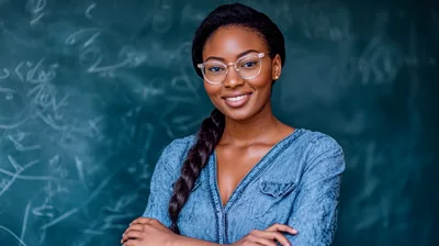 Smiling Female Teacher Standing In Front Of Chalkboard