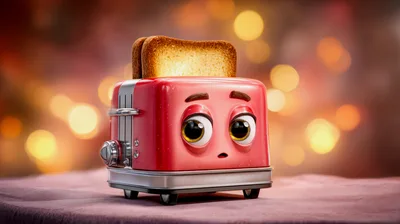 Cute Anthropomorphic Red Toaster With Toast