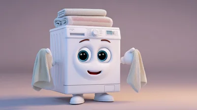 Cute Anthropomorphic Washing Machine Character Holding Towels