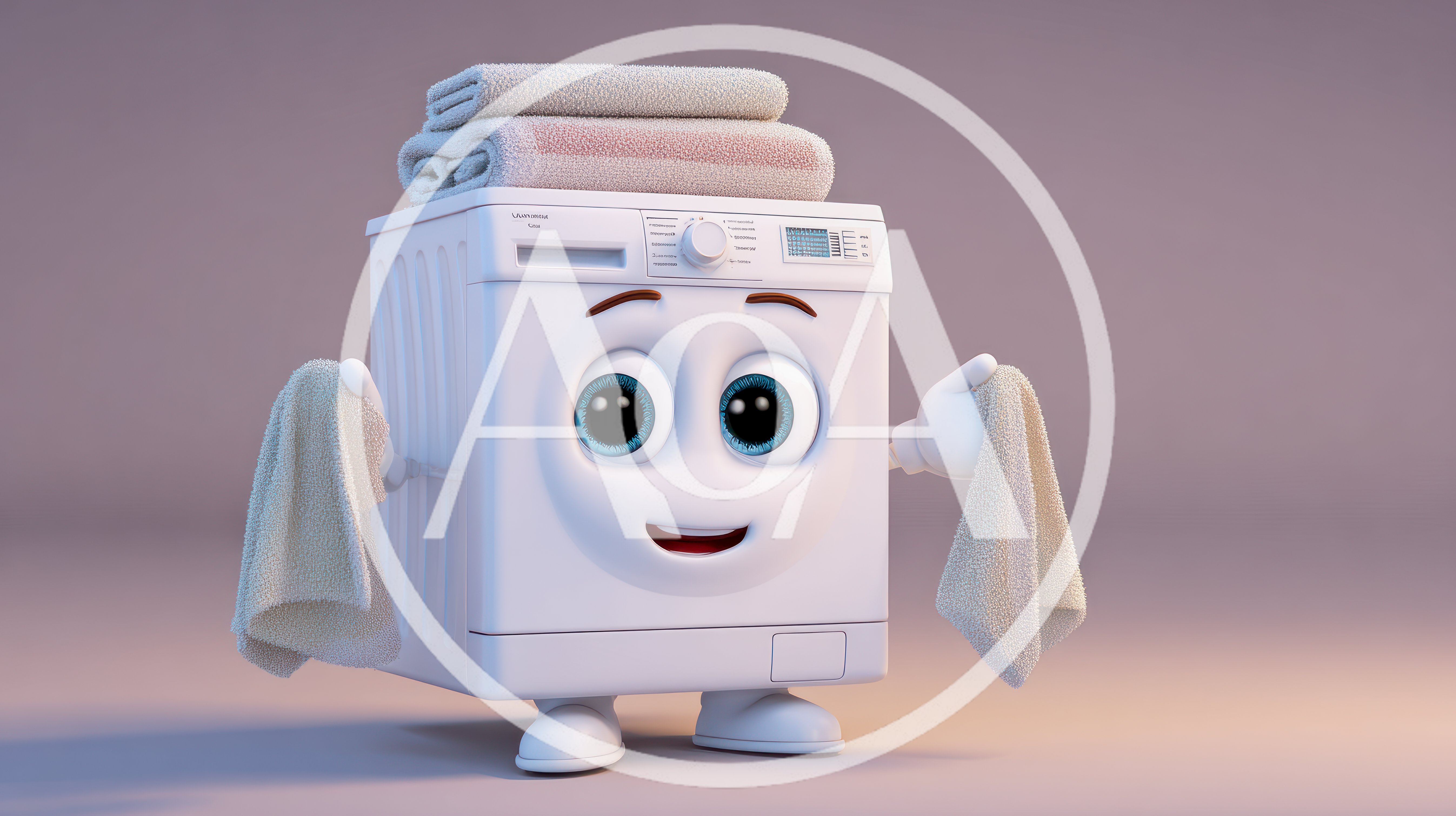 Cute Anthropomorphic Washing Machine Character Holding Towels