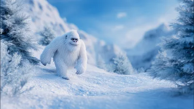 Animated Yeti Walking Through Snowy Mountain Landscape