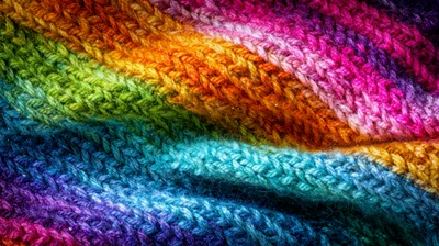 Close Up Of Colorful Rainbow Knitted Fabric Texture