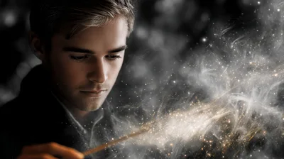 Young Man Casting Magic Spell With Glowing Wand