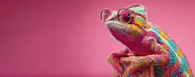Colorful Chameleon Wearing Round Glasses on Wooden Stand