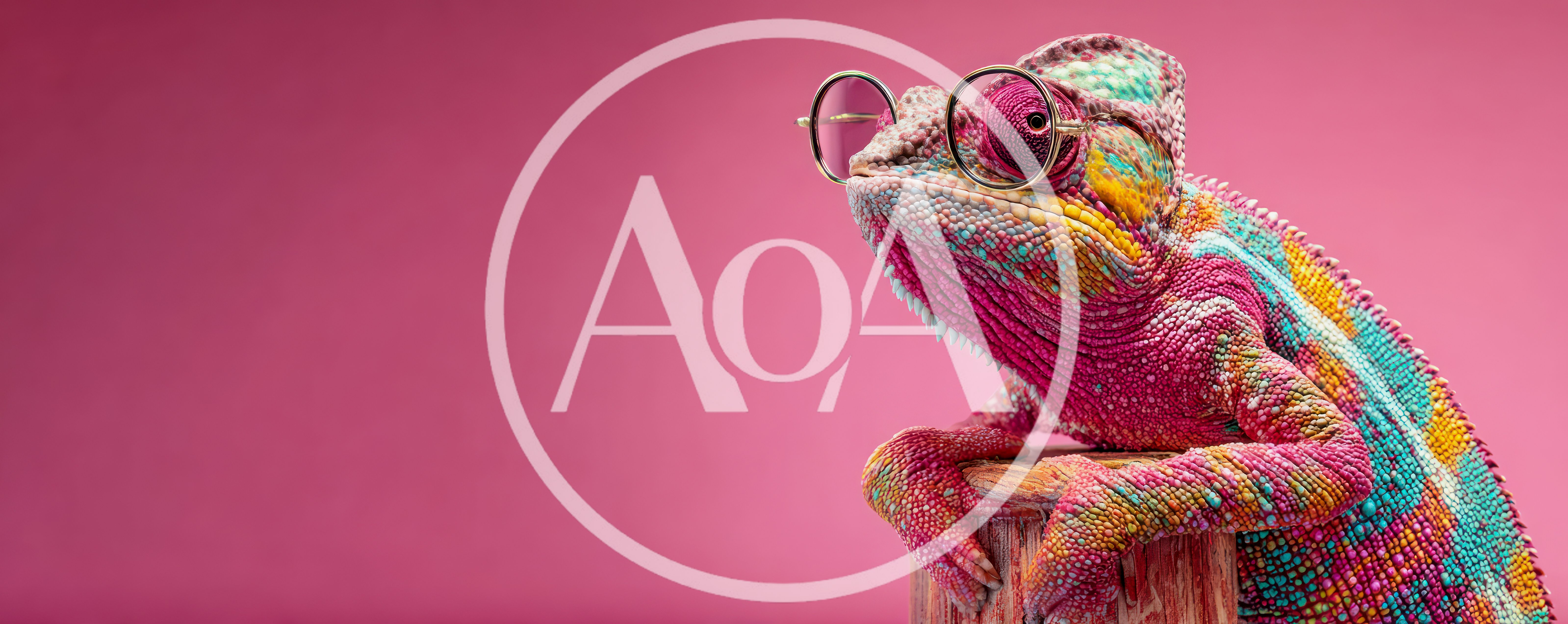 Colorful Chameleon Wearing Round Glasses on Wooden Stand