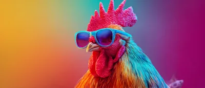 Colorful Rooster Wearing Sunglasses Against Vibrant Gradient Background