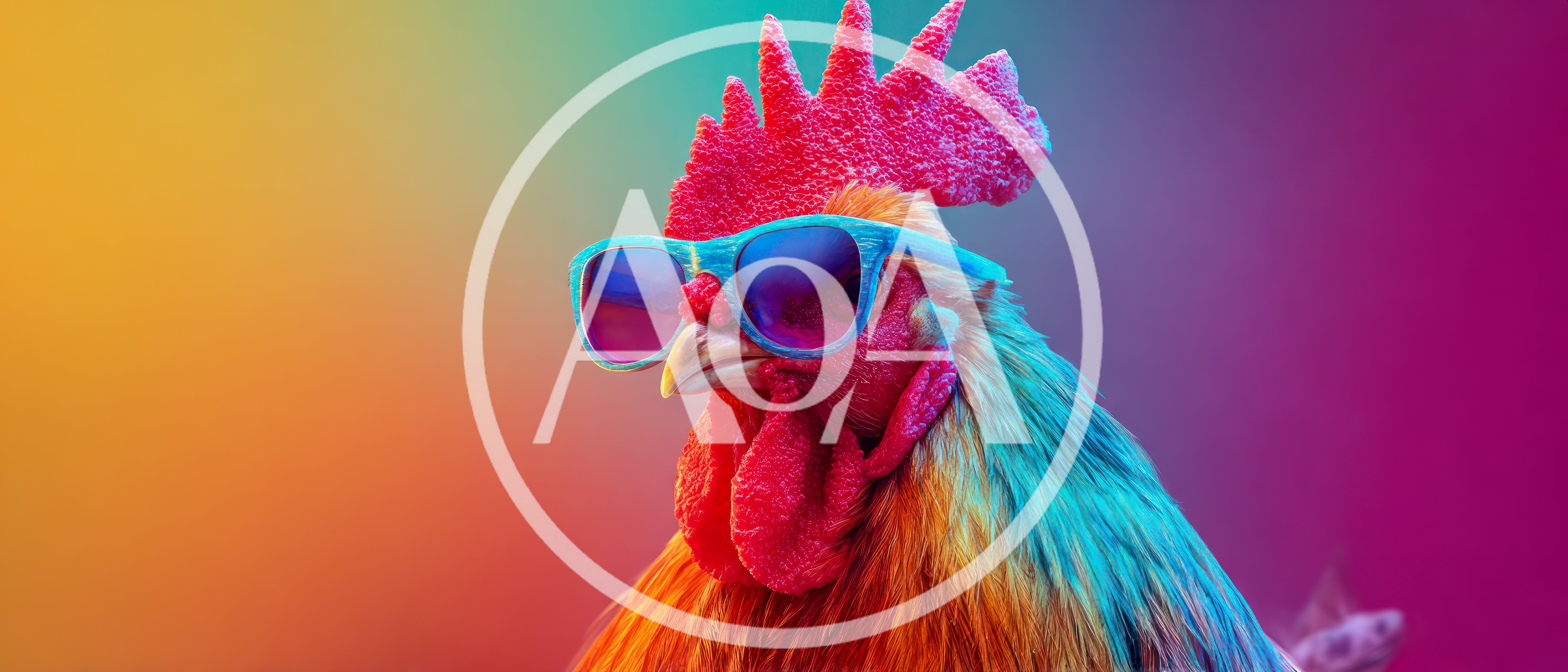 Colorful Rooster Wearing Sunglasses Against Vibrant Gradient Background