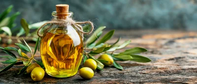 Glass Bottle Of Olive Oil With Fresh Olives