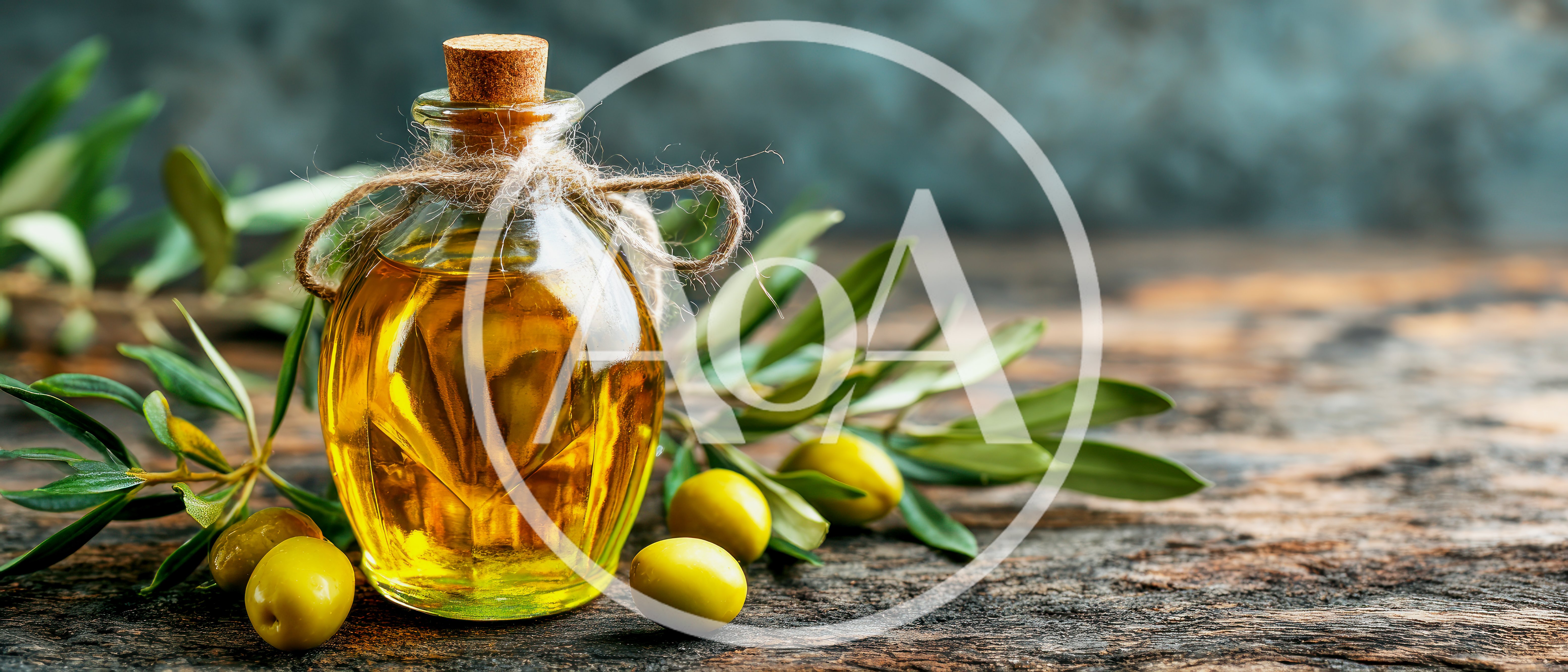 Glass Bottle Of Olive Oil With Fresh Olives