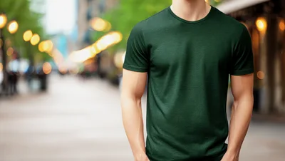 Man Wearing Plain Dark Green T-Shirt Outdoors