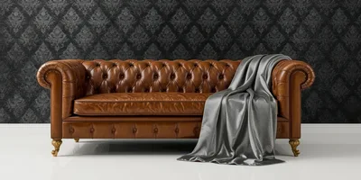 Brown Leather Chesterfield Sofa With Grey Throw Blanket