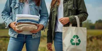 Two Women Holding Recycled Clothing and Tote Bag