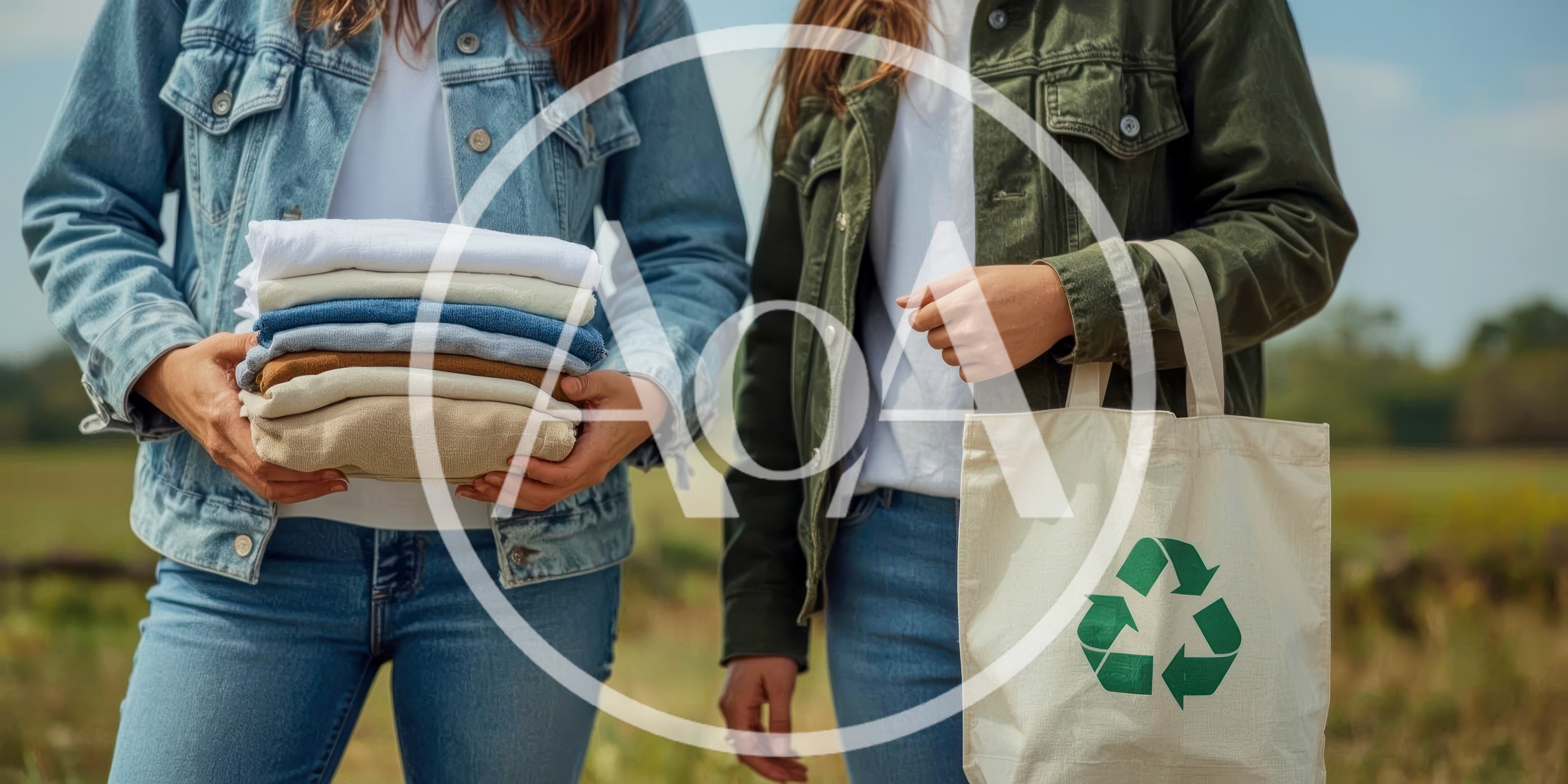 Two Women Holding Recycled Clothing and Tote Bag