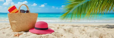 Beach Bag And Pink Hat On Tropical Sand