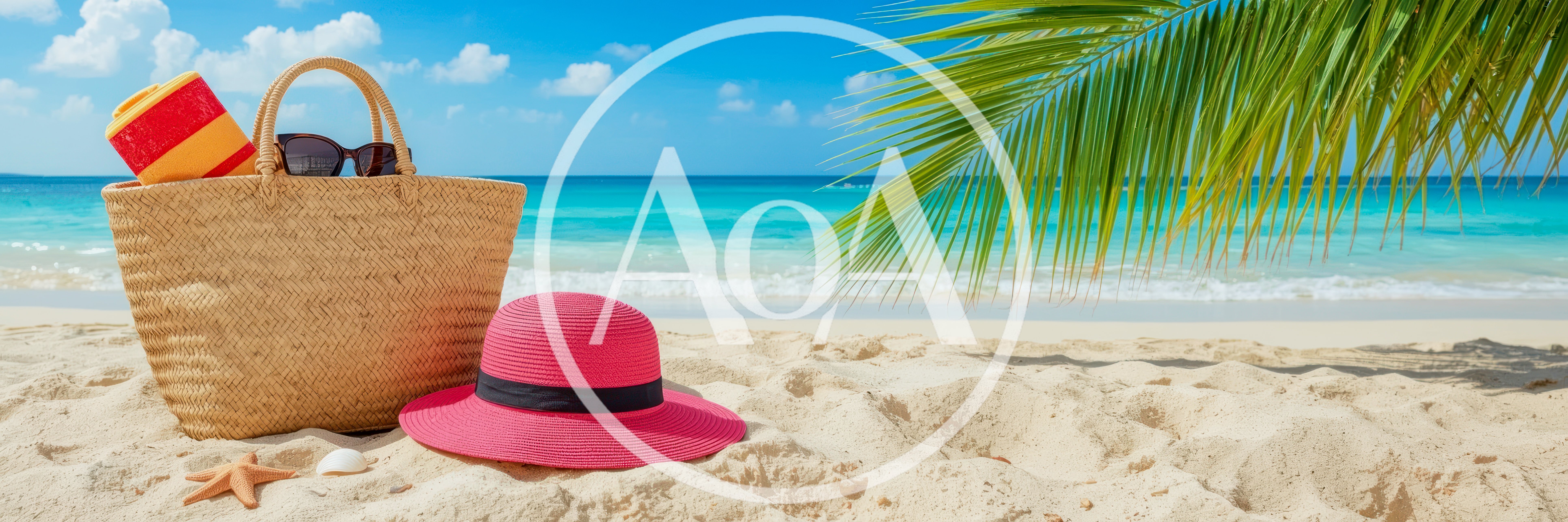Beach Bag And Pink Hat On Tropical Sand