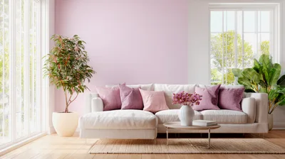 Modern Living Room With Pink Wall And White Sofa