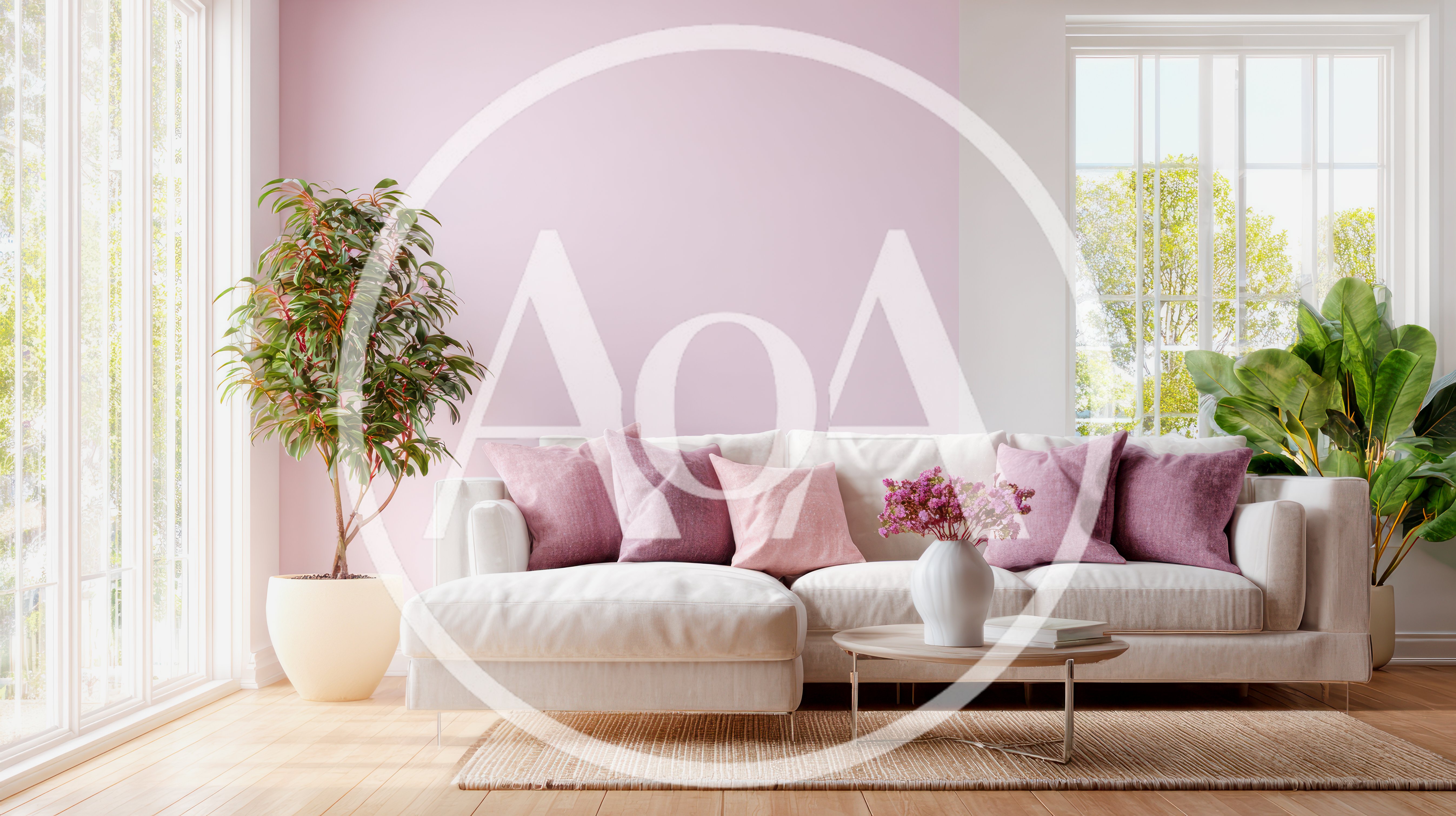 Modern Living Room With Pink Wall And White Sofa