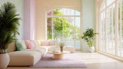 Modern Living Room With Pastel Decor And Large Windows