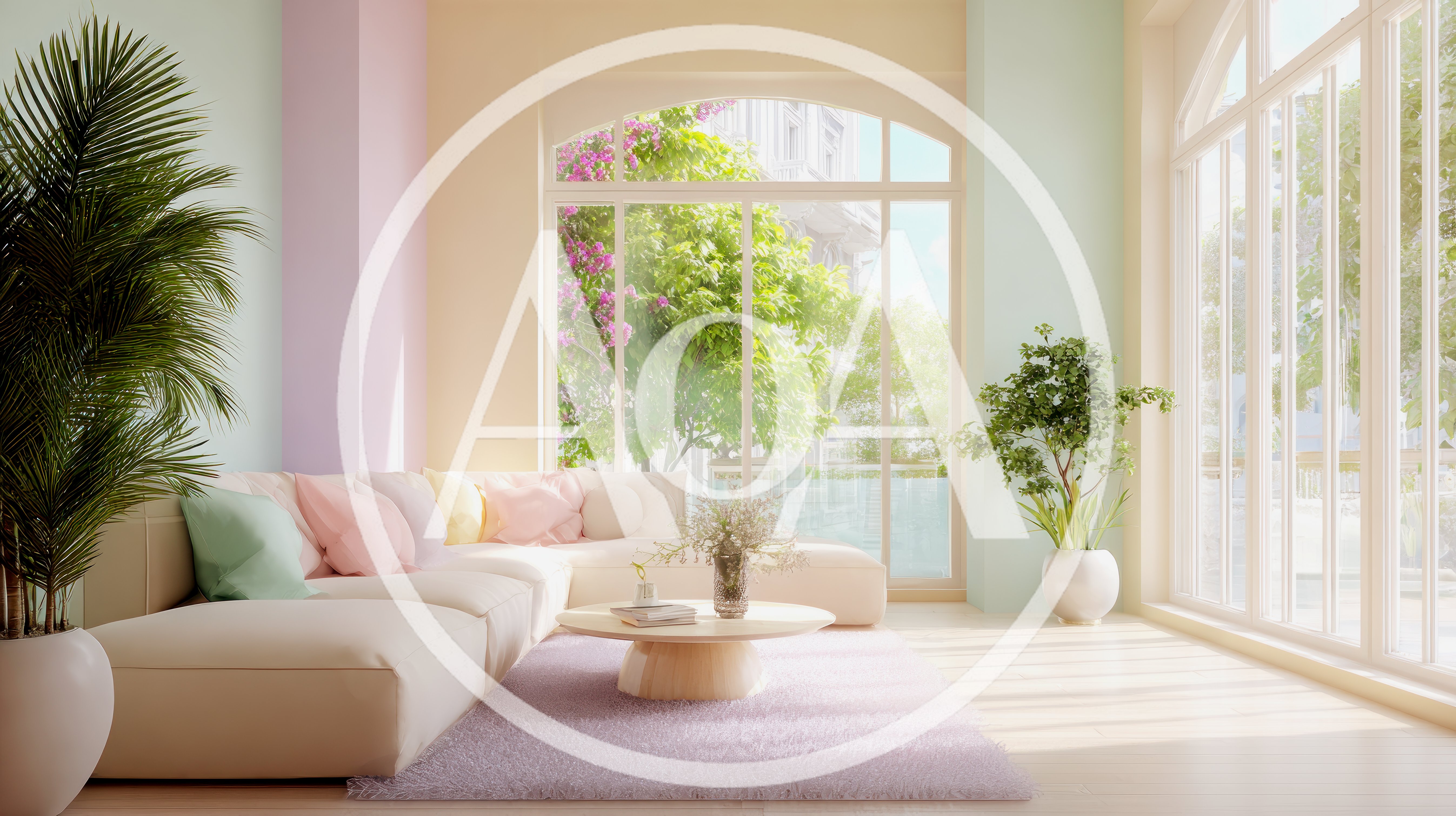 Modern Living Room With Pastel Decor And Large Windows