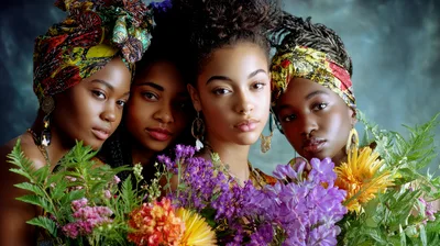 Four Diverse Women Posing With Vibrant Floral Bouquets