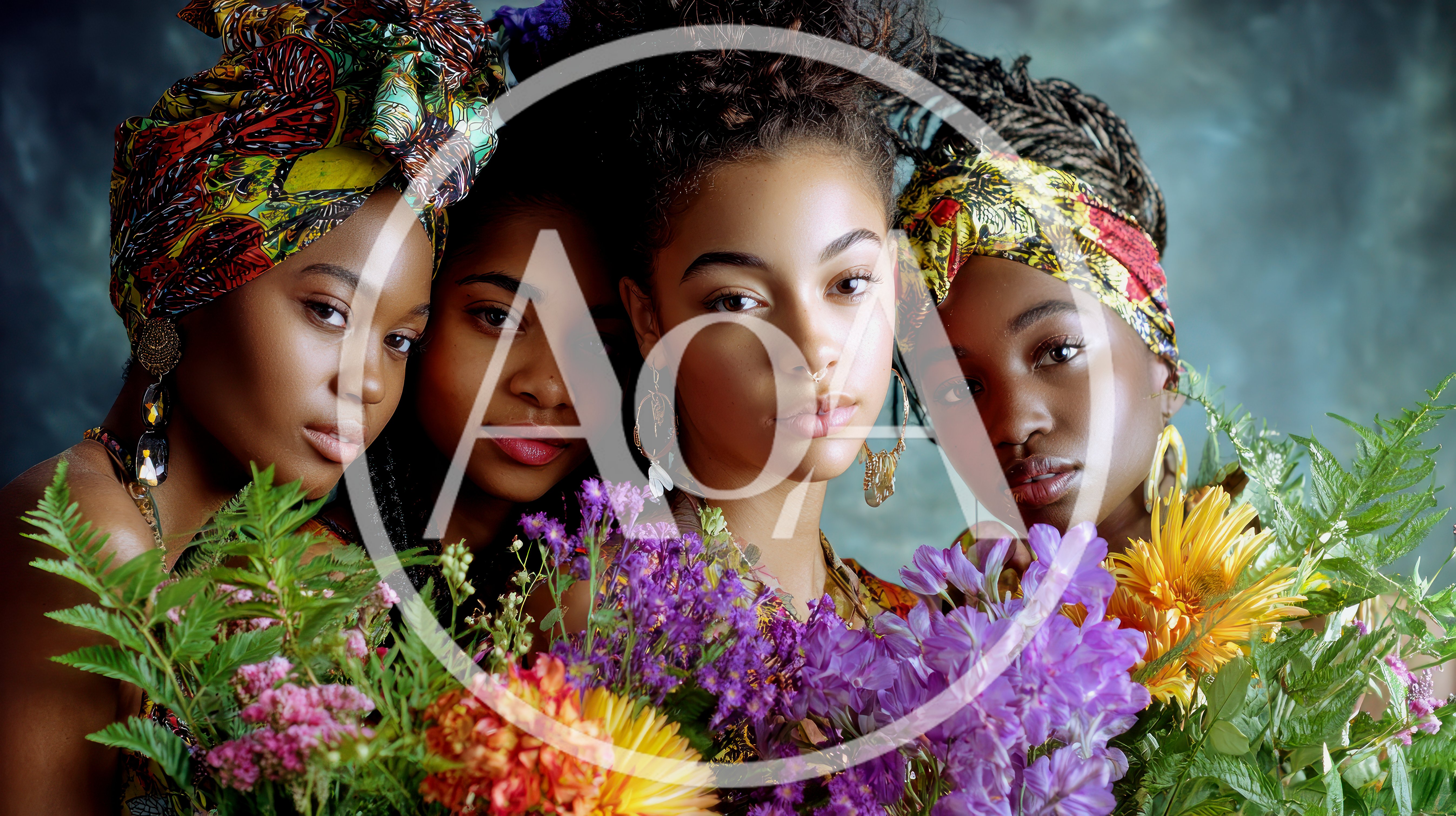 Four Diverse Women Posing With Vibrant Floral Bouquets