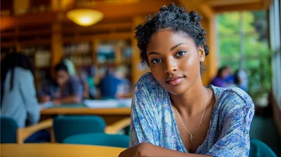 Young African American Woman Studying In A Library