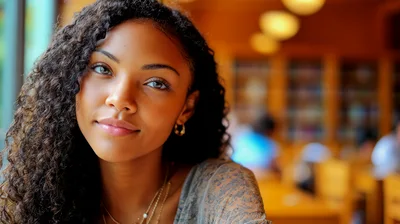 Young Woman With Curly Hair In A Library