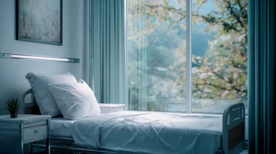 Empty Hospital Room With Bed And Large Window