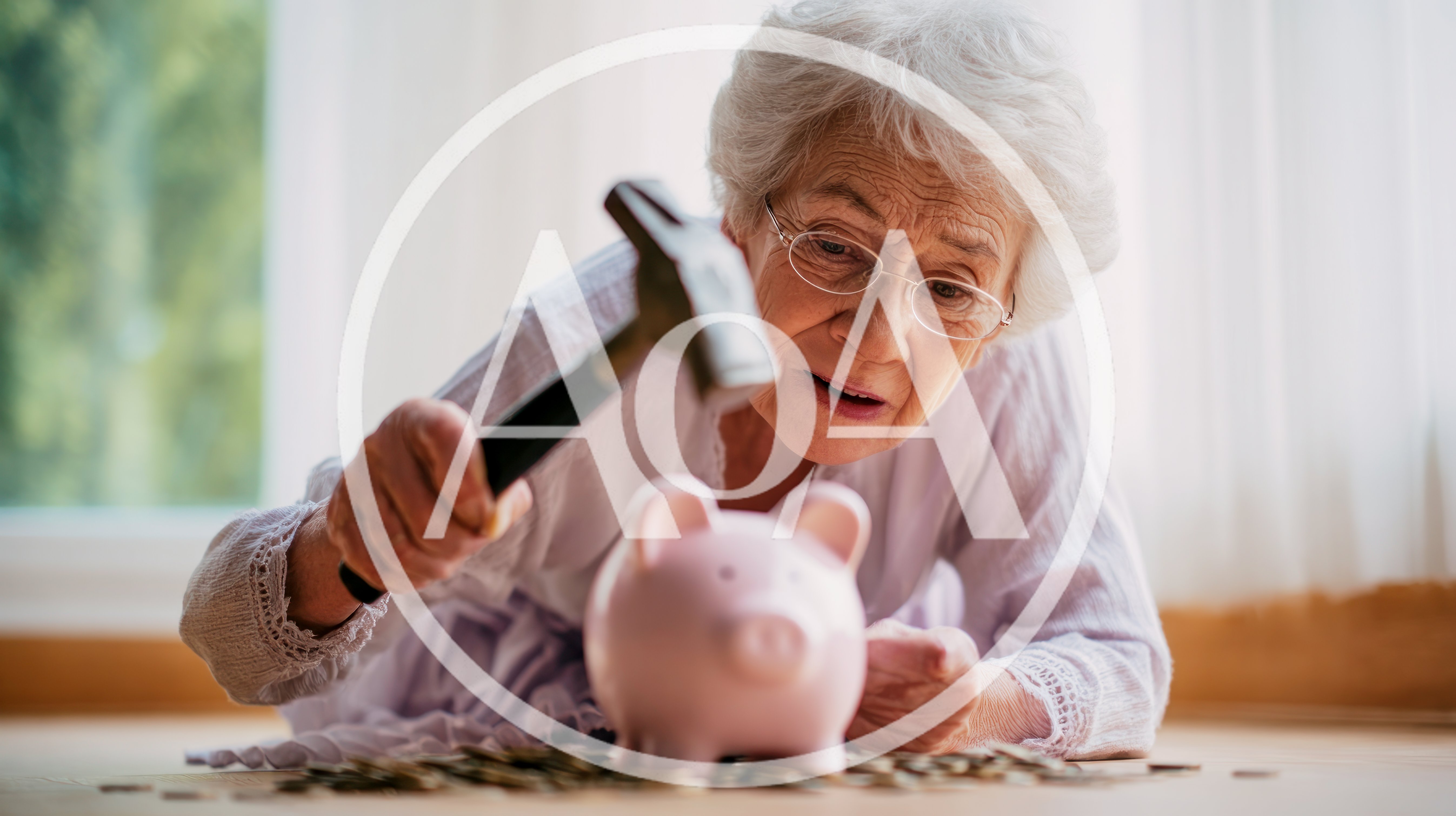 Senior Woman About To Break Piggy Bank With Hammer