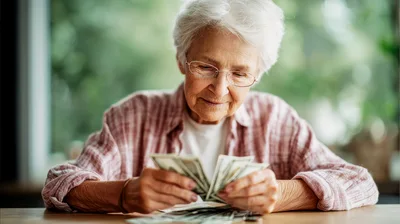 Elderly Woman Counting Cash At A Table