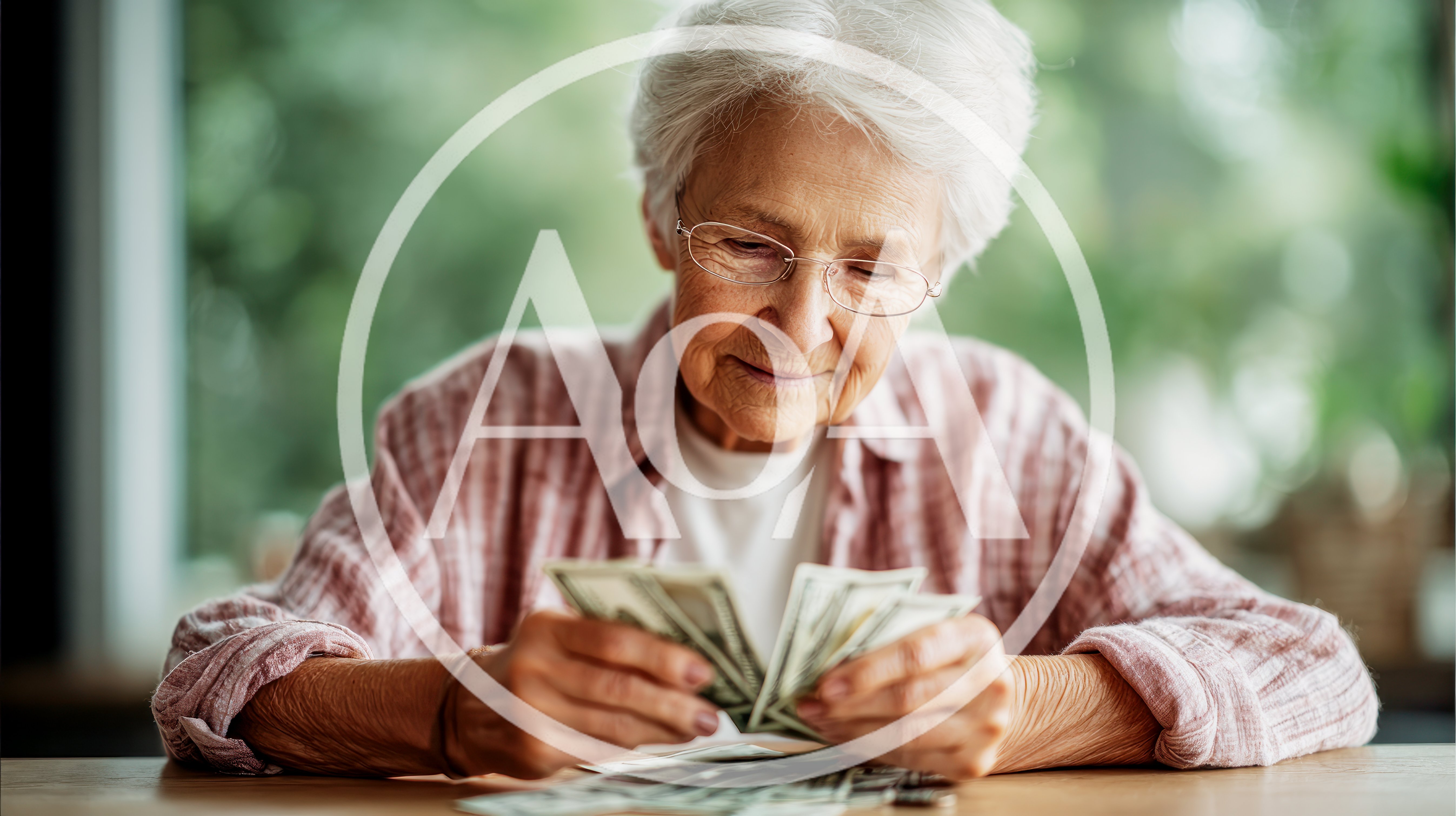 Elderly Woman Counting Cash At A Table