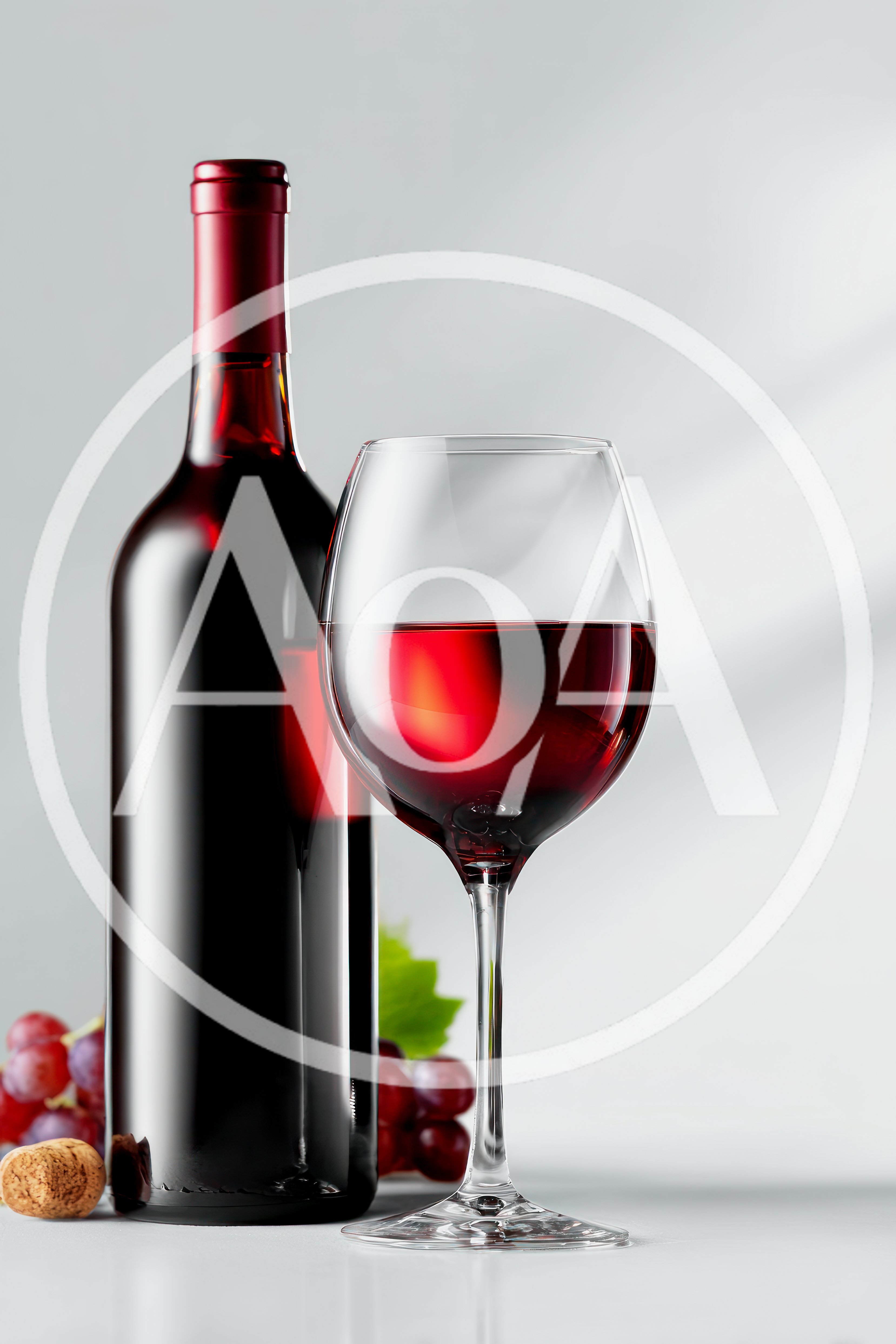 Red Wine Bottle and Glass with Grapes