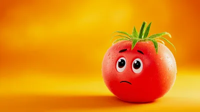 Sad Cartoon Tomato Character With Water Droplets