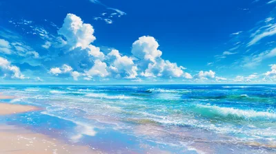 Vibrant Tropical Beach With Rolling Waves And Cumulus Clouds