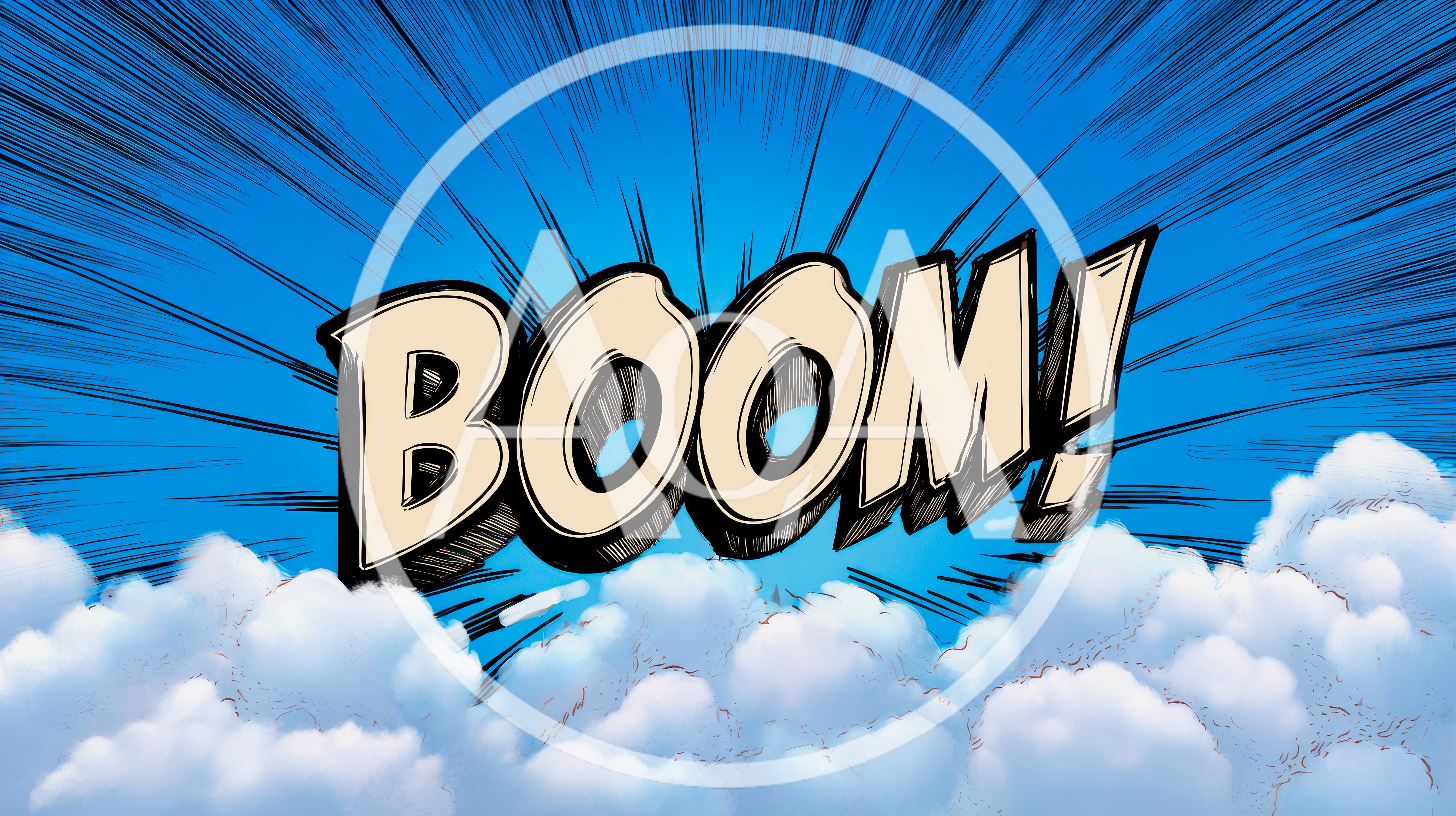 Comic Book Style Boom Explosion Graphic With Clouds