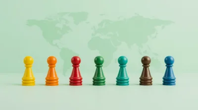 Seven Colorful Wooden Pawns Against A World Map Background