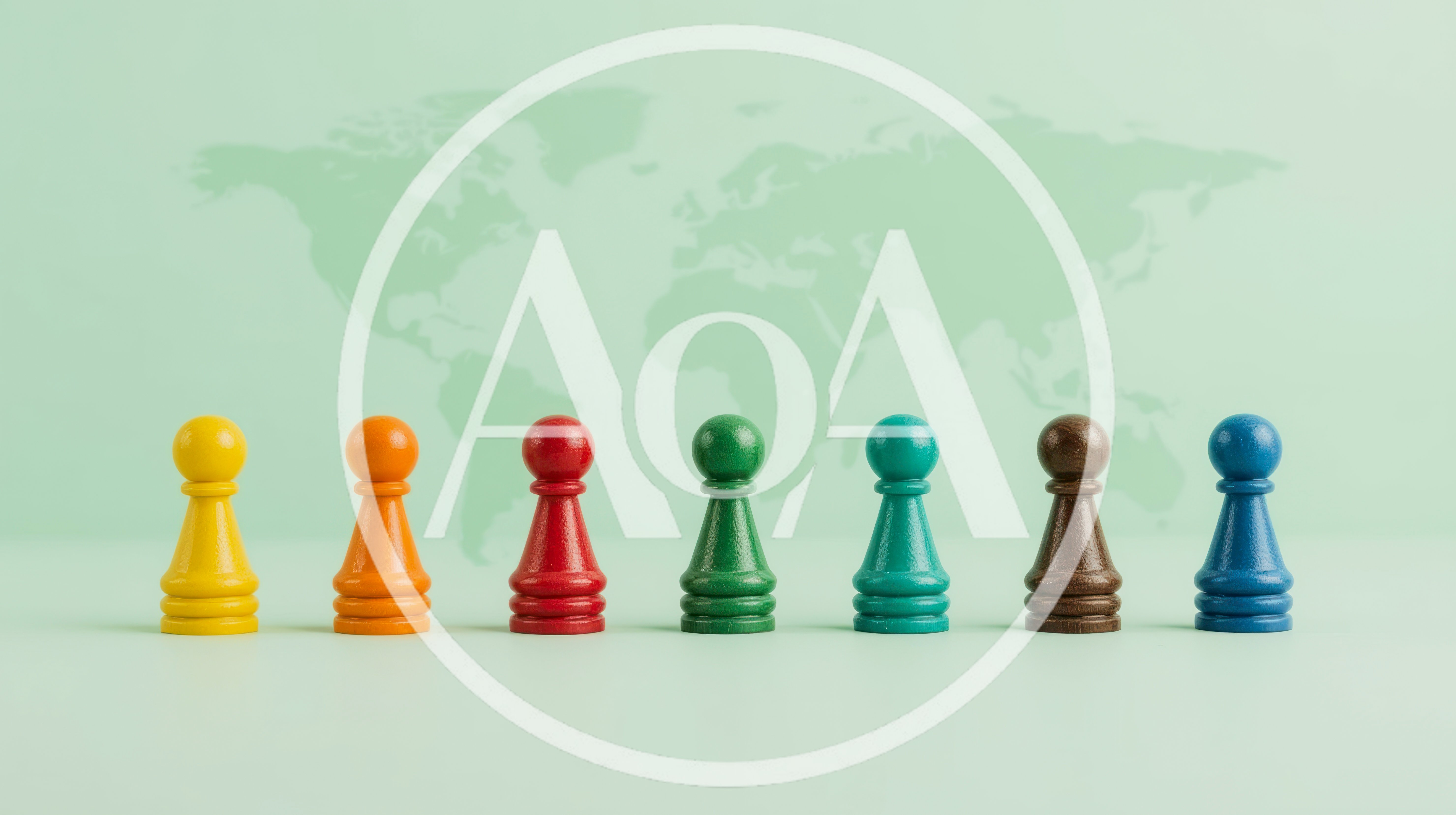 Seven Colorful Wooden Pawns Against A World Map Background