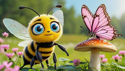 Cute Cartoon Bee And Pink Butterfly On Mushroom
