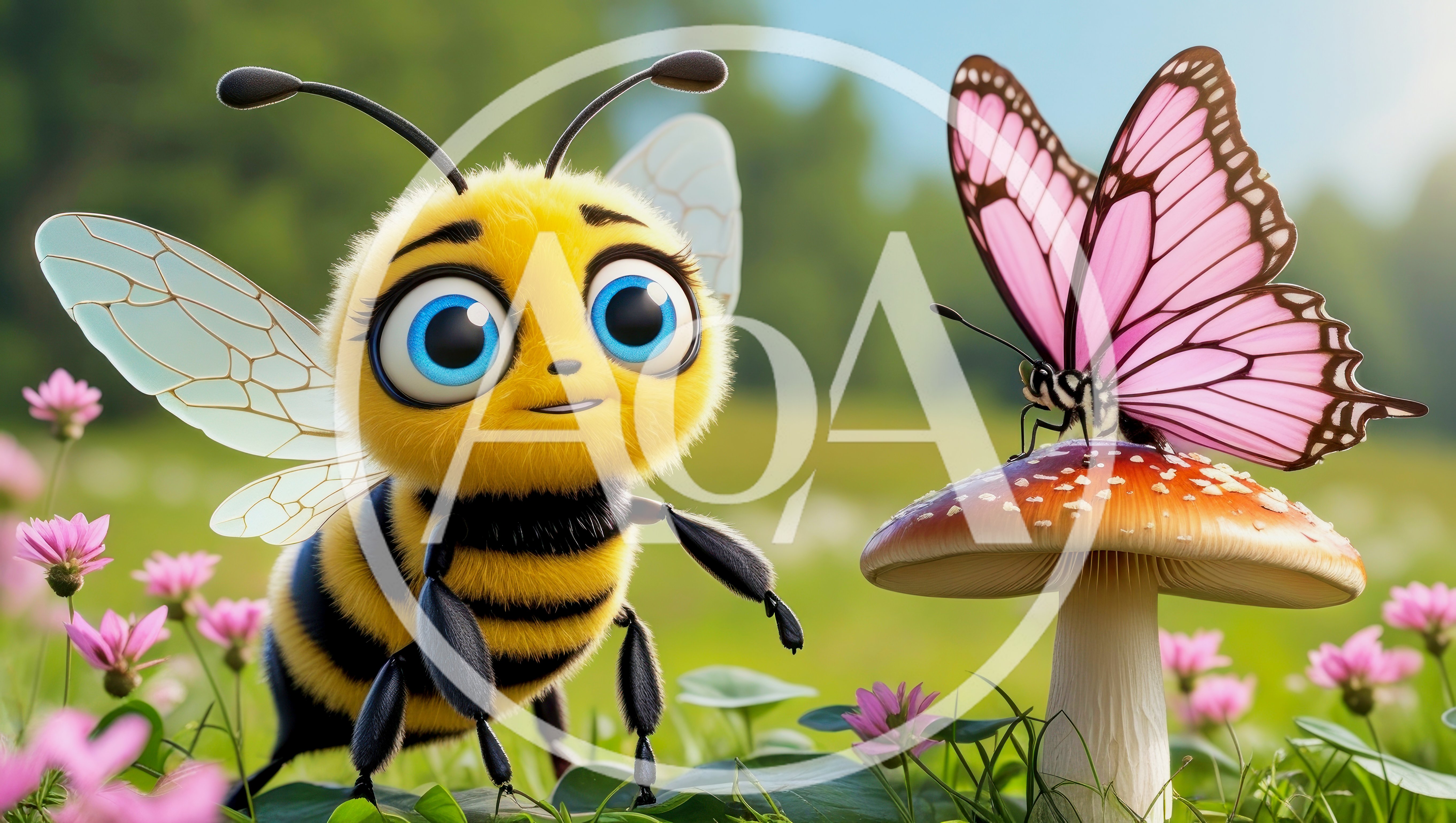 Cute Cartoon Bee And Pink Butterfly On Mushroom