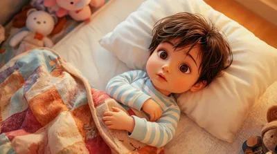 Cute Cartoon Baby Lying In Bed With Toys