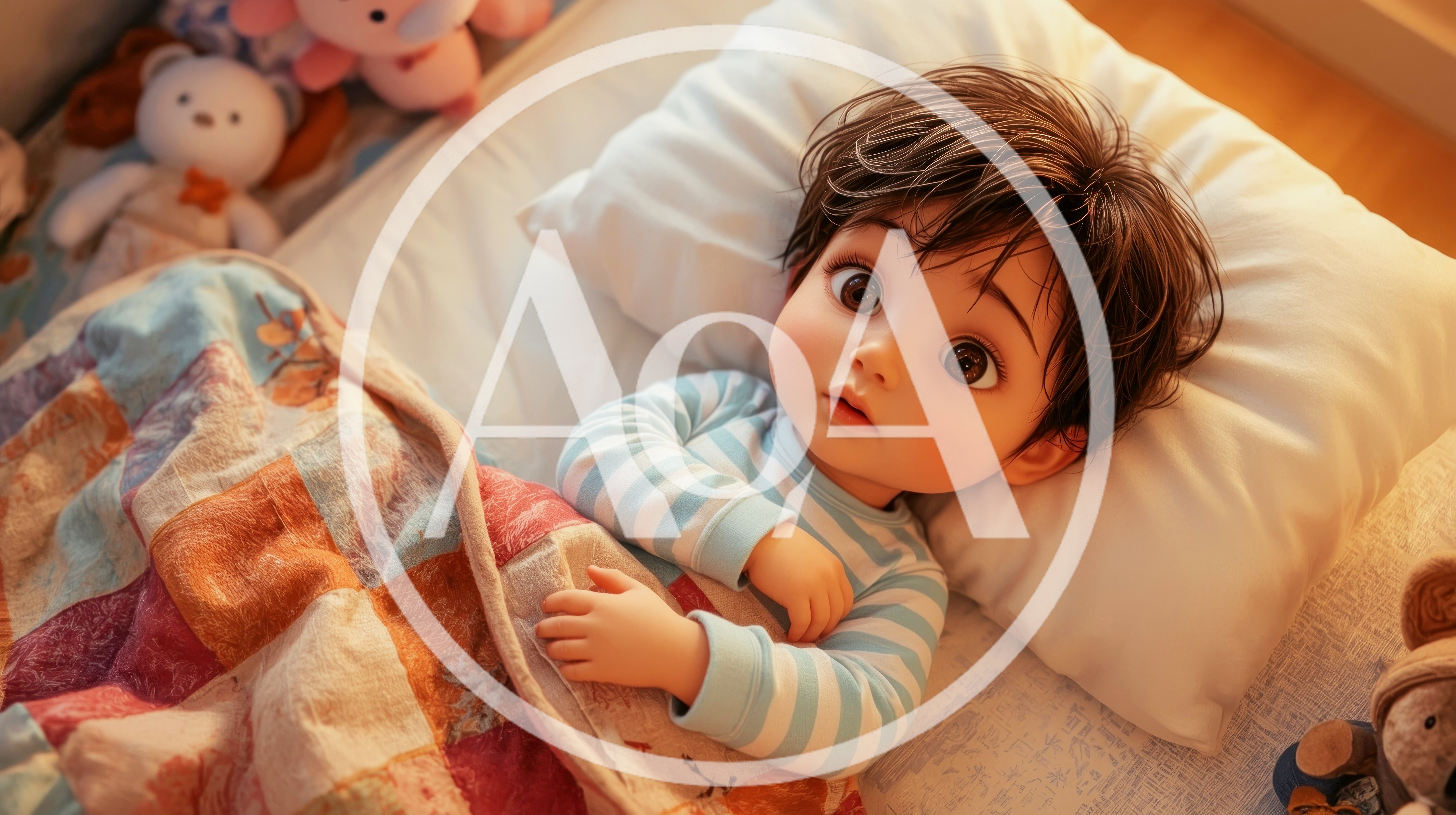 Cute Cartoon Baby Lying In Bed With Toys