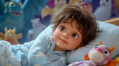 Animated Child Lying In Bed With Stuffed Toys