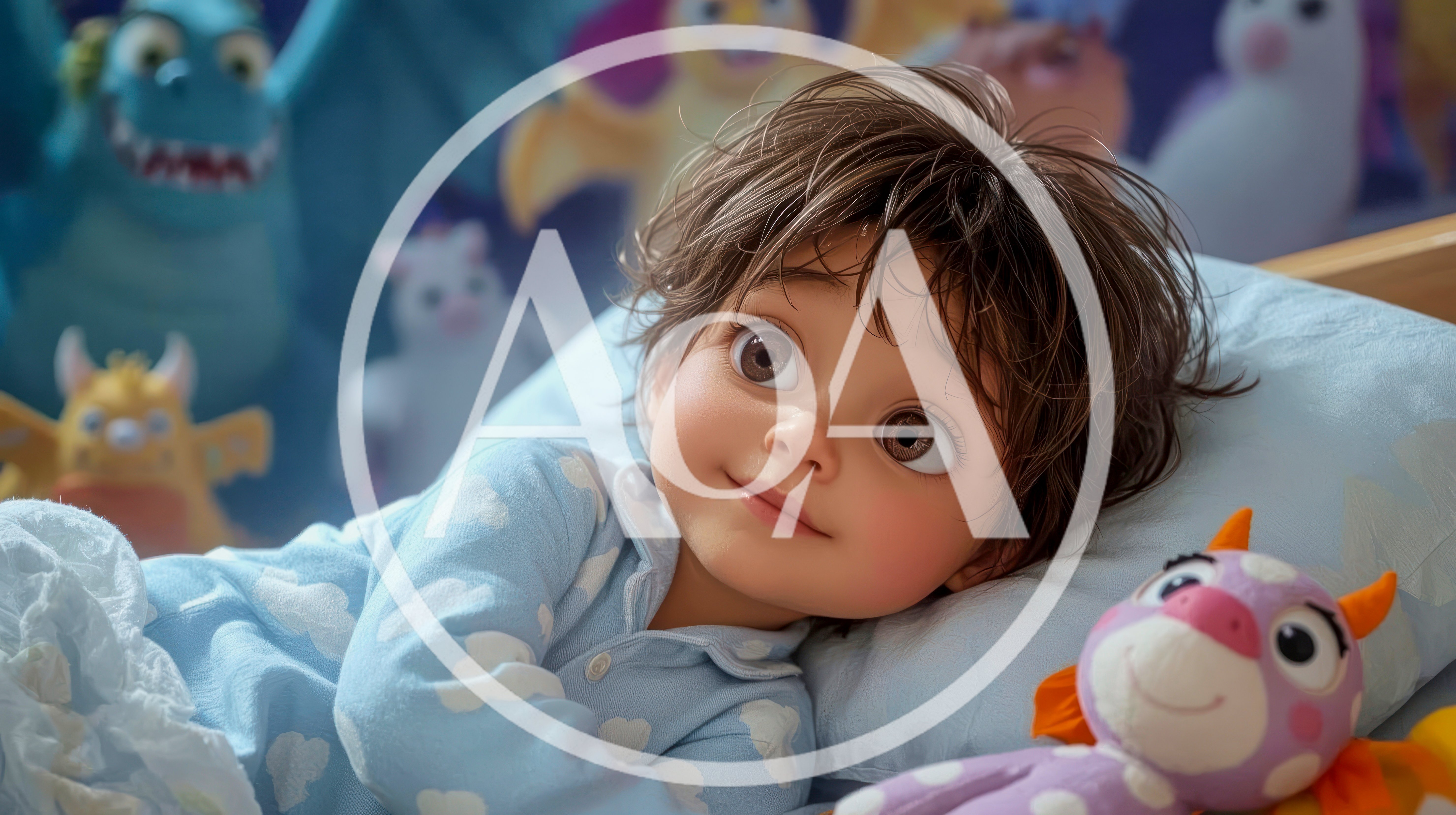 Animated Child Lying In Bed With Stuffed Toys