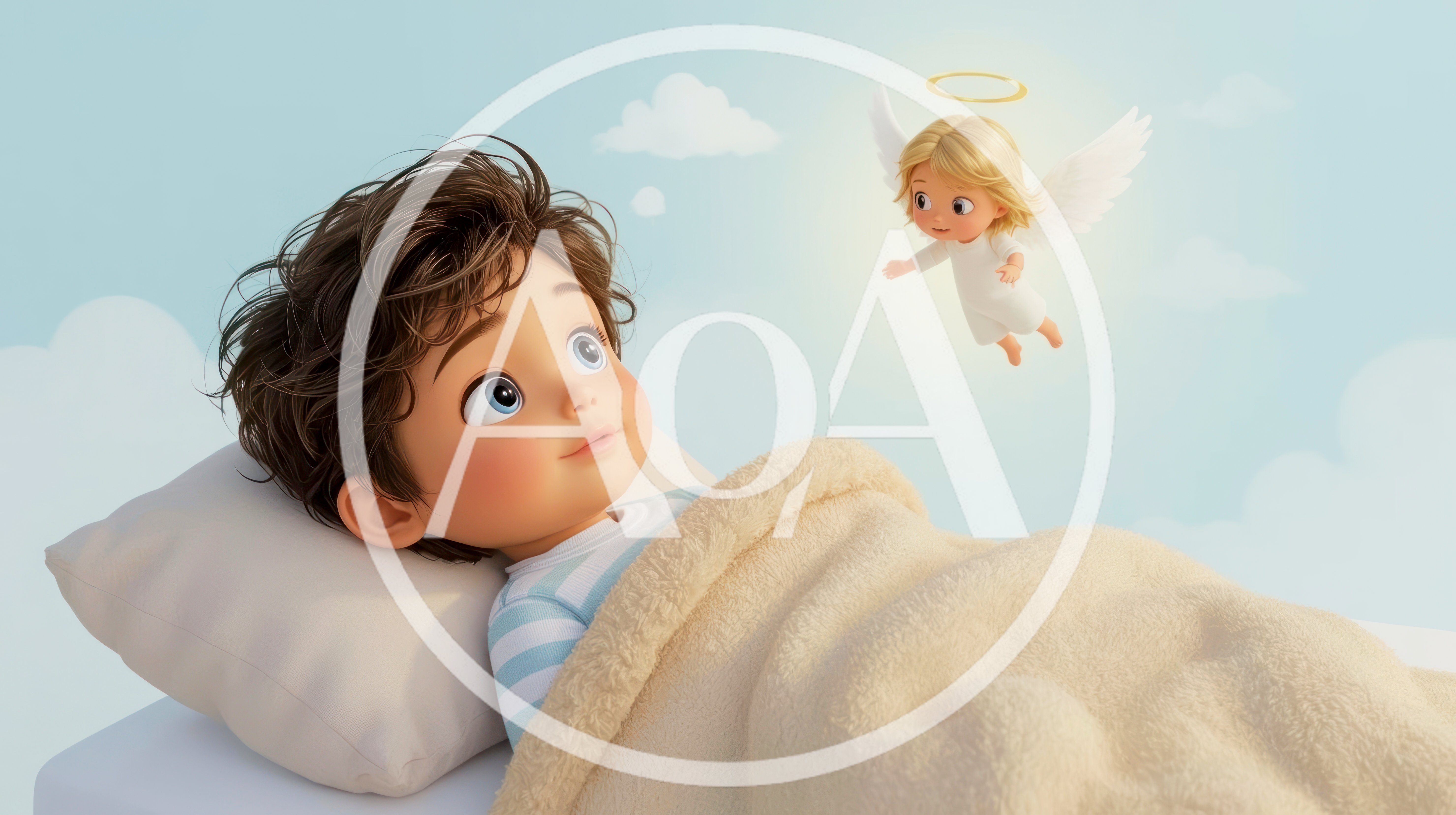 Cute Cartoon Boy Sleeping With Guardian Angel