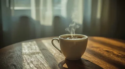 Steaming Cup Of Coffee On A Wooden Table