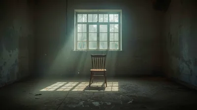 Empty Wooden Chair In A Dim Abandoned Room