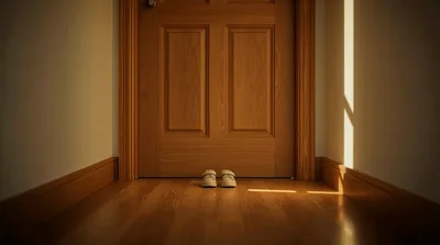 Pair Of Small Shoes In Front Of Wooden Door