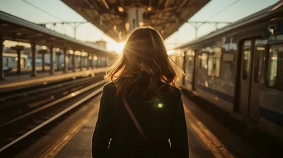 Woman Standing On Train Platform At Sunset