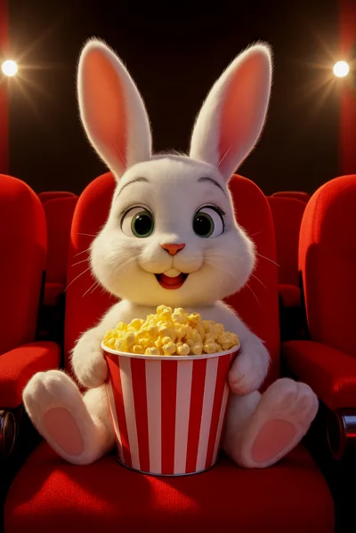 Cute White Rabbit Eating Popcorn In A Movie Theater