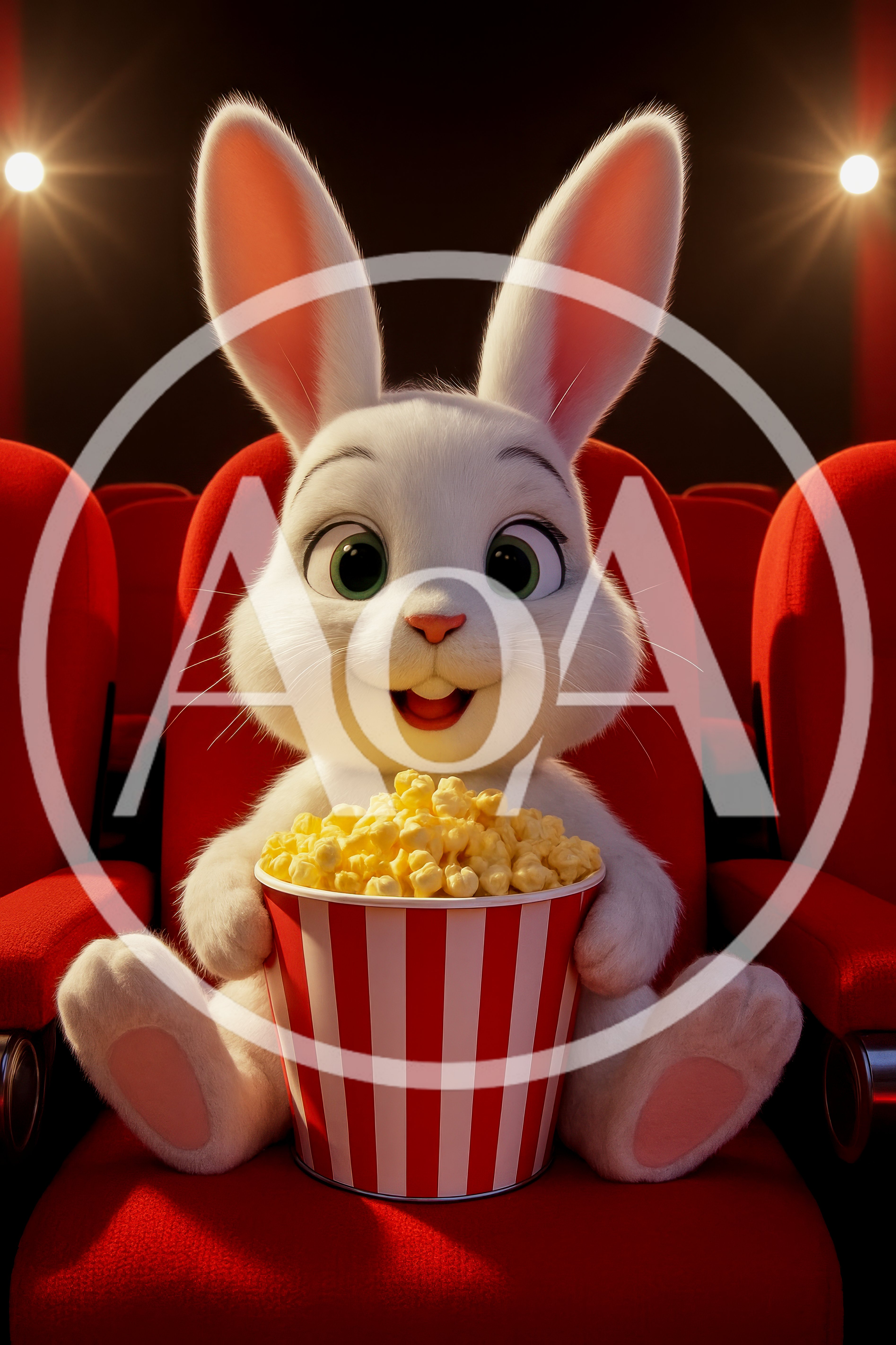 Cute White Rabbit Eating Popcorn In A Movie Theater